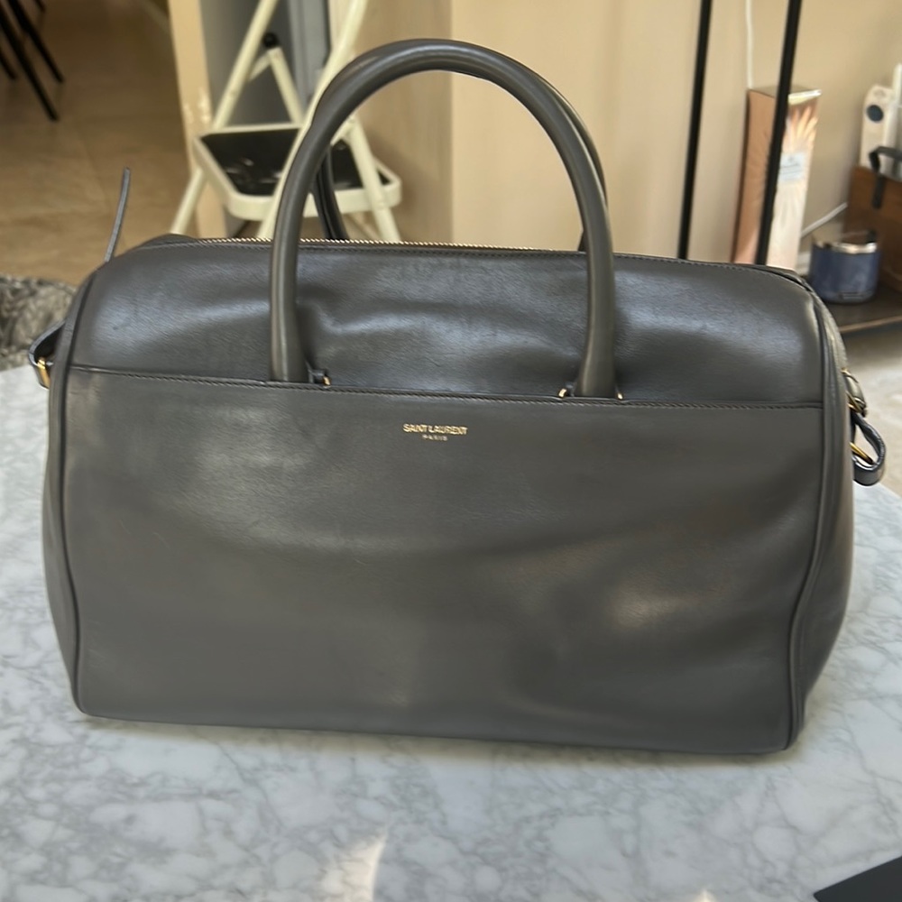 Saint Laurent Dove Gray Double Handle “Speedy” Duffle W/ Crossbody Strap